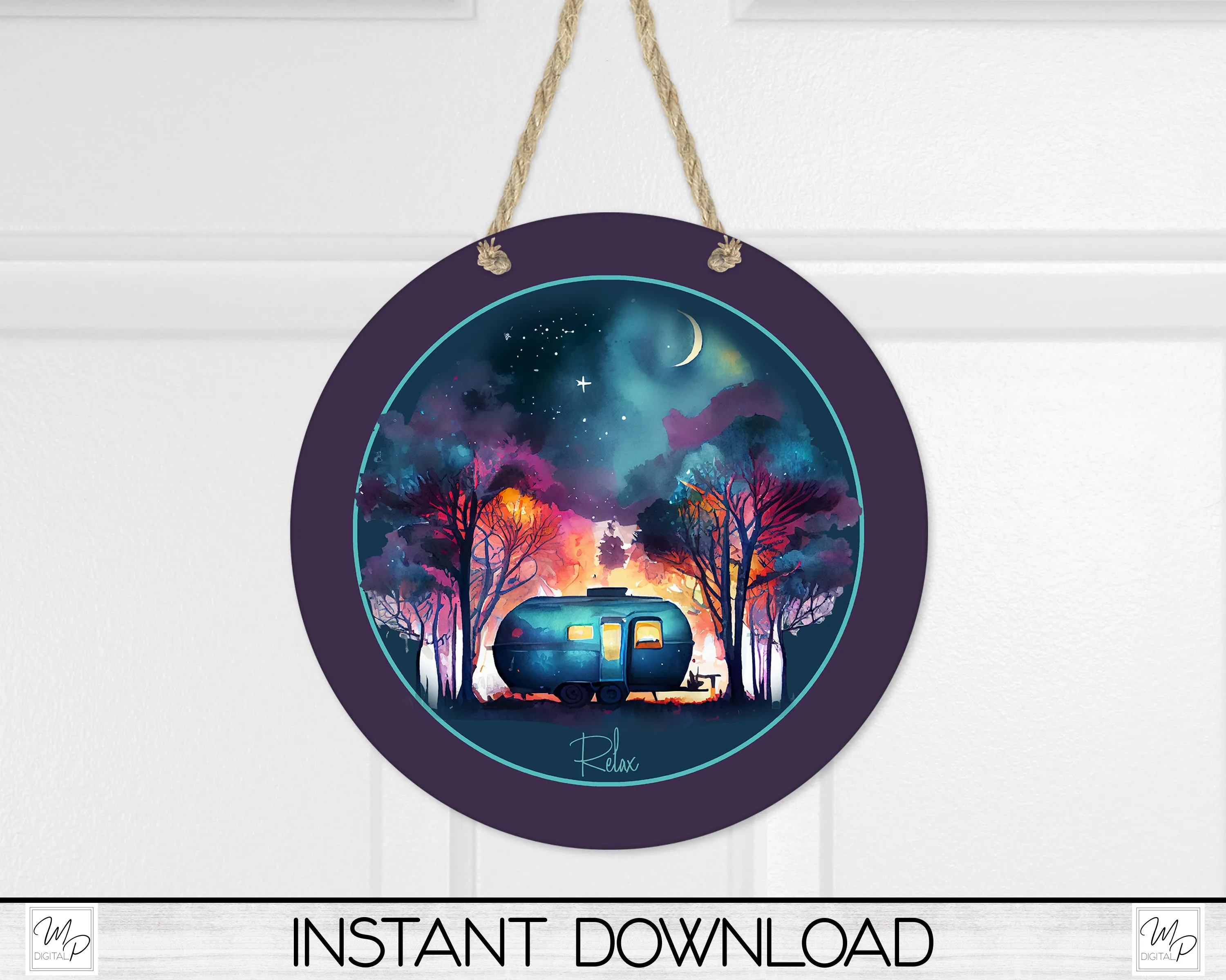 Camping Door Sign PNG, Digital Download for Sublimation, Round RV Camper Door Hanger PNG
