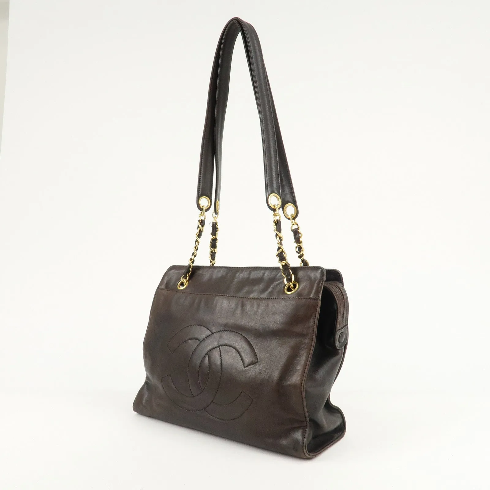 CHANEL COCO Mark Lamb Skin  Chain Shoulder Bag Brown Gold Used