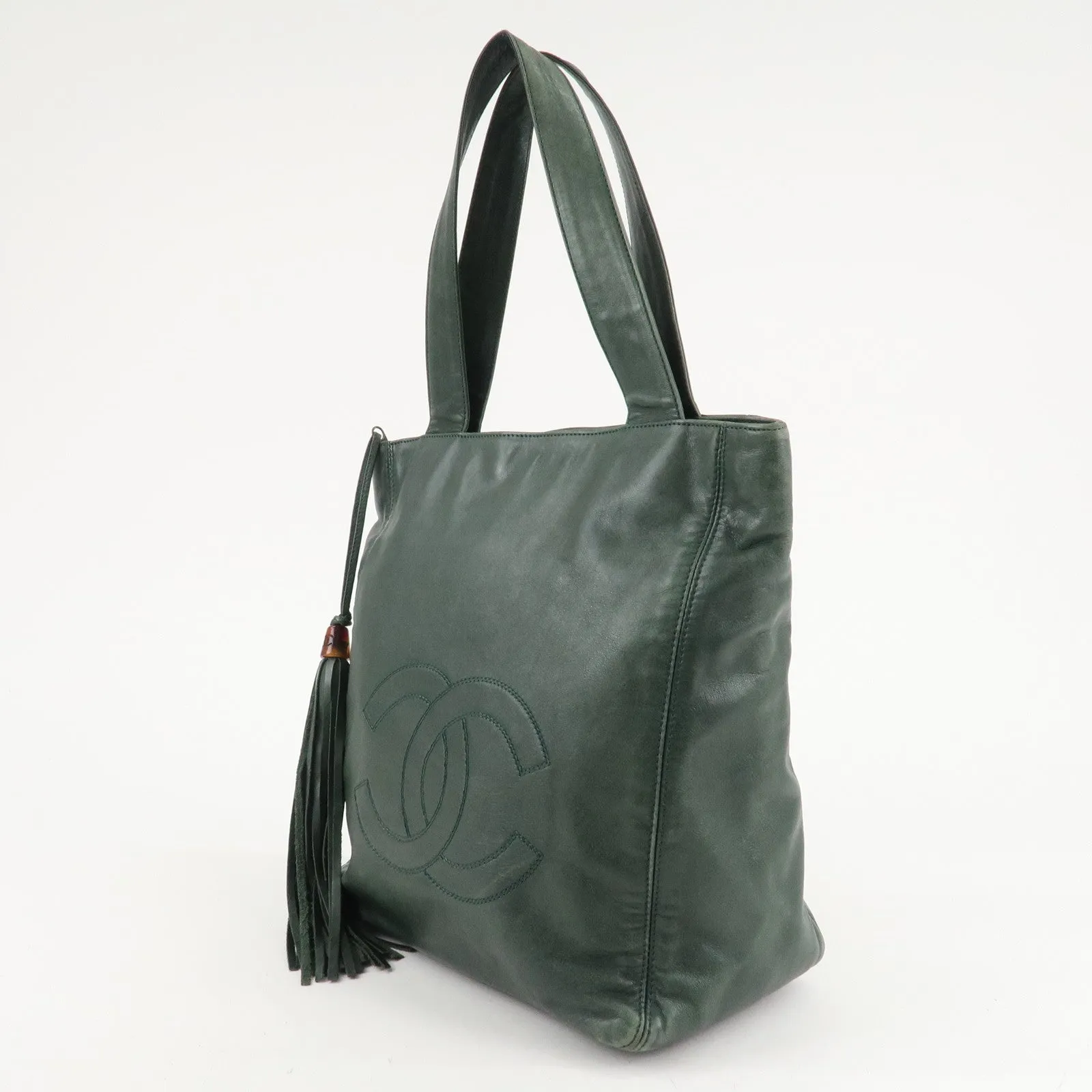 CHANEL COCO Mark Lamb Skin Tassel Fringe Shoulder Bag Green Used