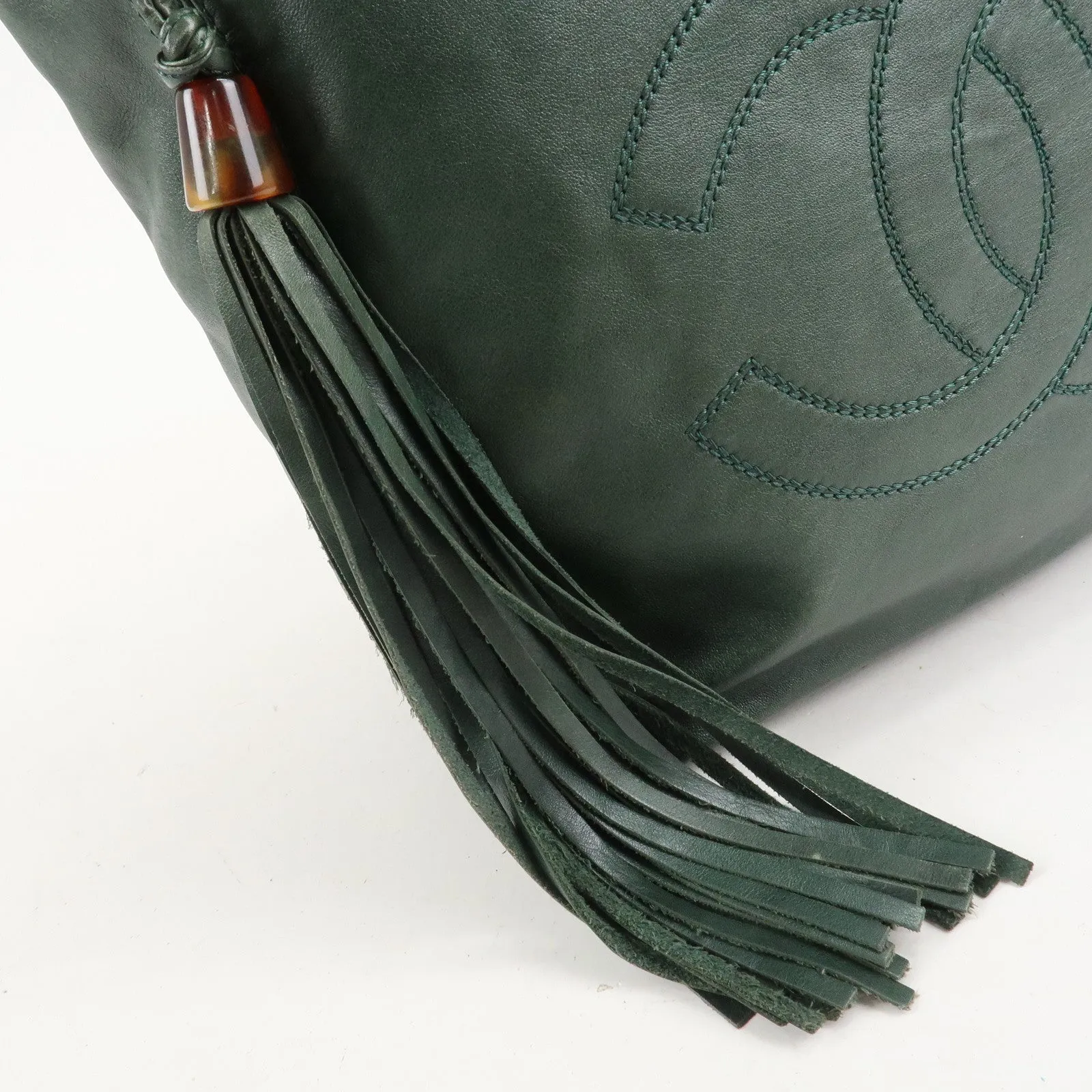 CHANEL COCO Mark Lamb Skin Tassel Fringe Shoulder Bag Green Used