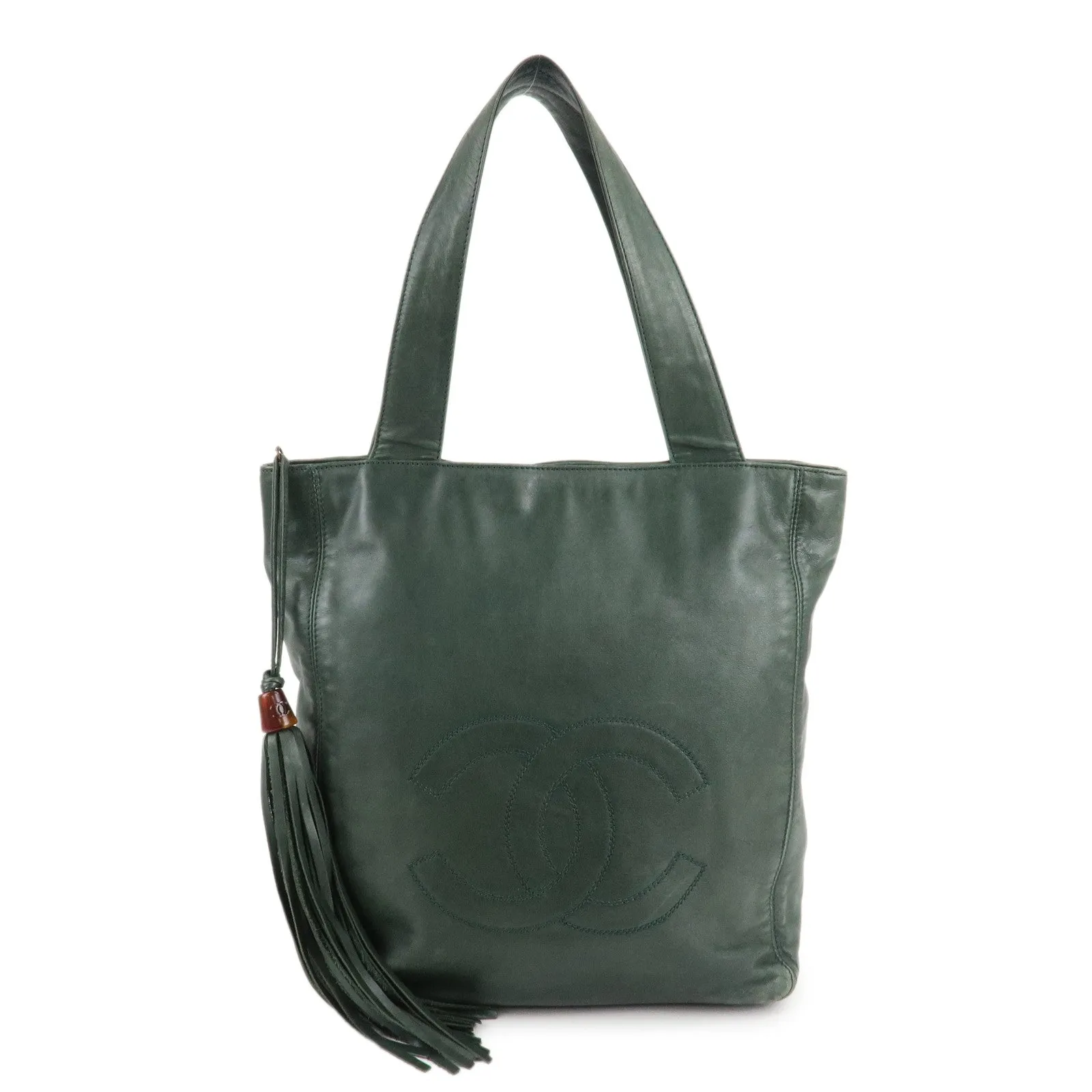 CHANEL COCO Mark Lamb Skin Tassel Fringe Shoulder Bag Green Used