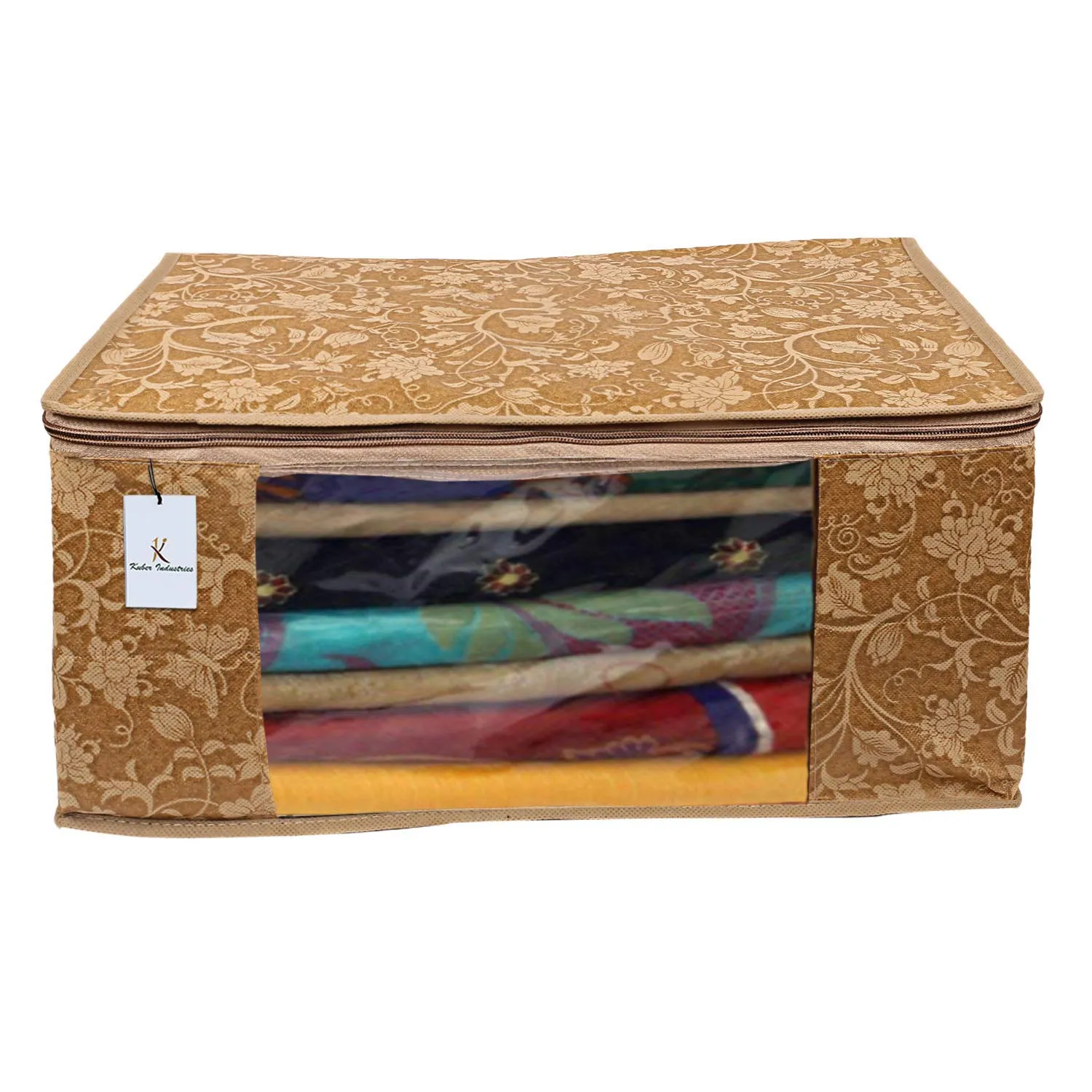 Kuber Industries Metalic Printed 3 Piece Non Woven Saree Cover and 3 Pieces Underbed Storage Bag, Storage Organiser, Blanket Cover, Gold & Red & Beige -CTKTC42403