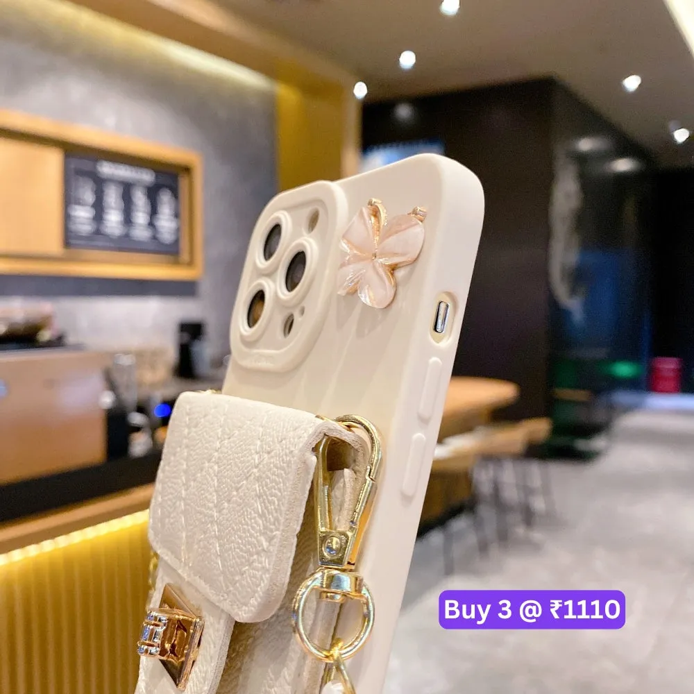 Luxury PU Leather Wallet Silicone Phone Case with Crossbody Chain Card Slot Bag - iPhone 14
