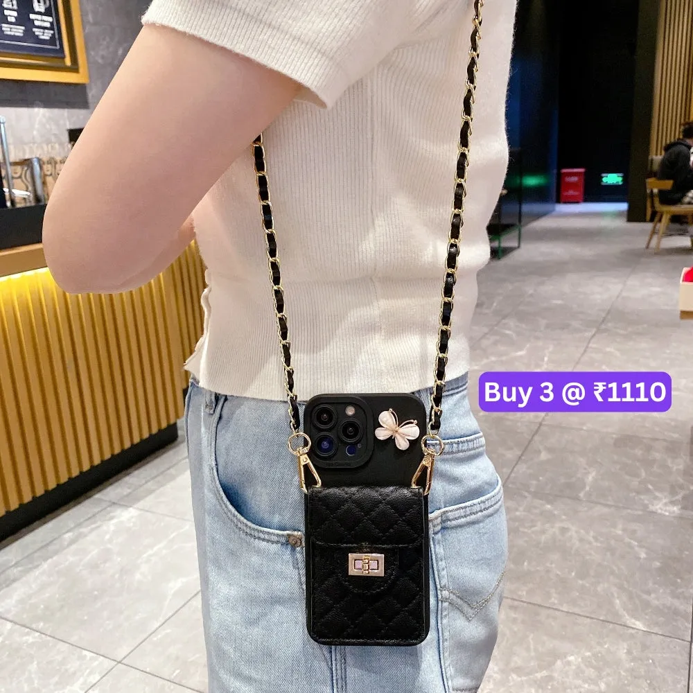 Luxury PU Leather Wallet Silicone Phone Case with Crossbody Chain Card Slot Bag - iPhone 14