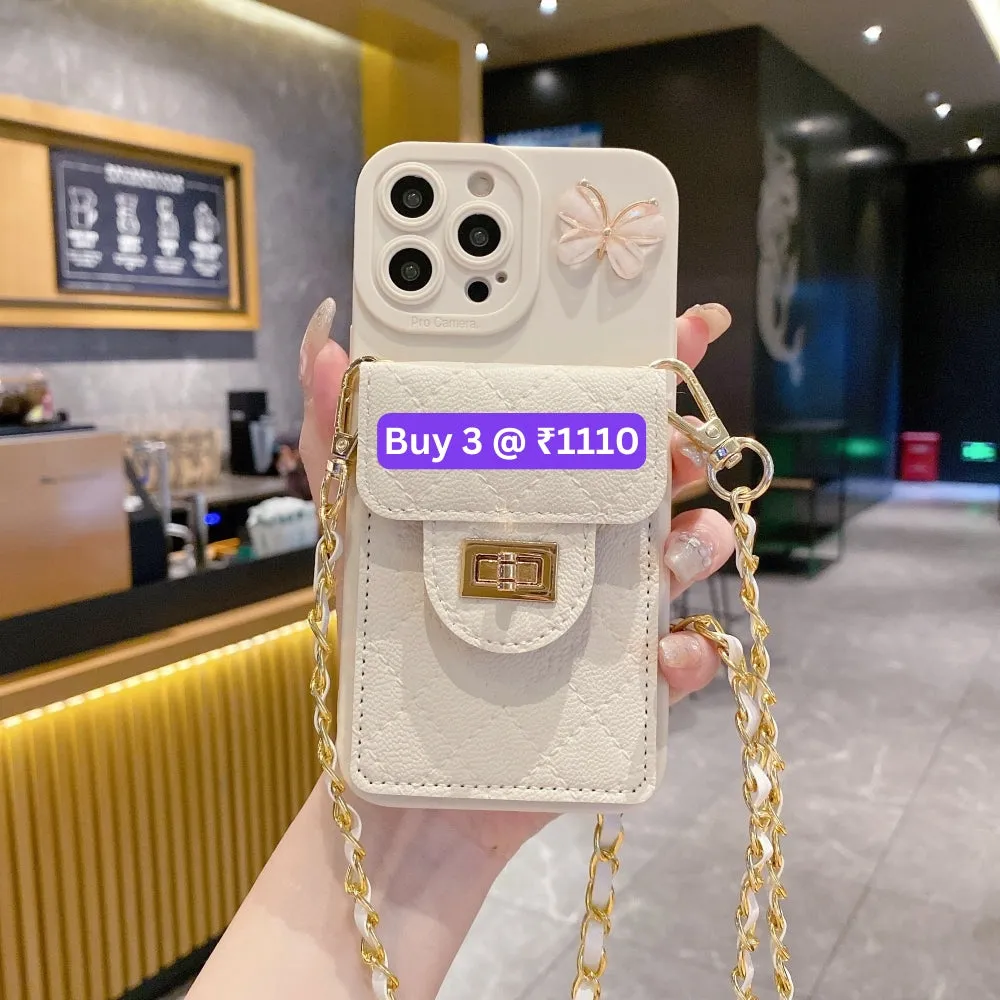 Luxury PU Leather Wallet Silicone Phone Case with Crossbody Chain Card Slot Bag - iPhone 14