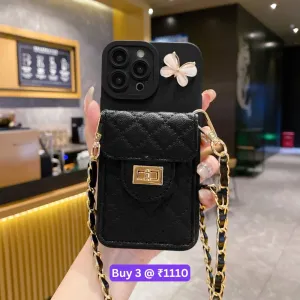 Luxury PU Leather Wallet Silicone Phone Case with Crossbody Chain Card Slot Bag - iPhone 14