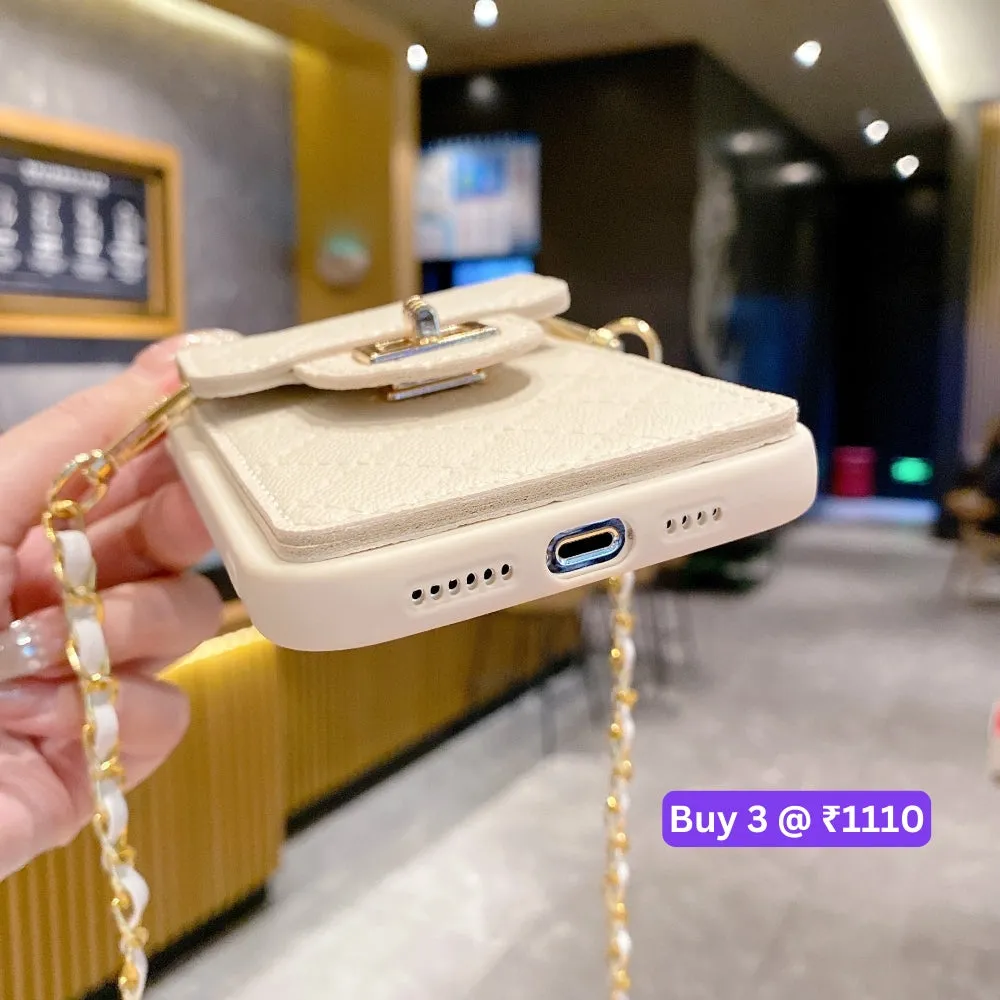 Luxury PU Leather Wallet Silicone Phone Case with Crossbody Chain Card Slot Bag - iPhone 14