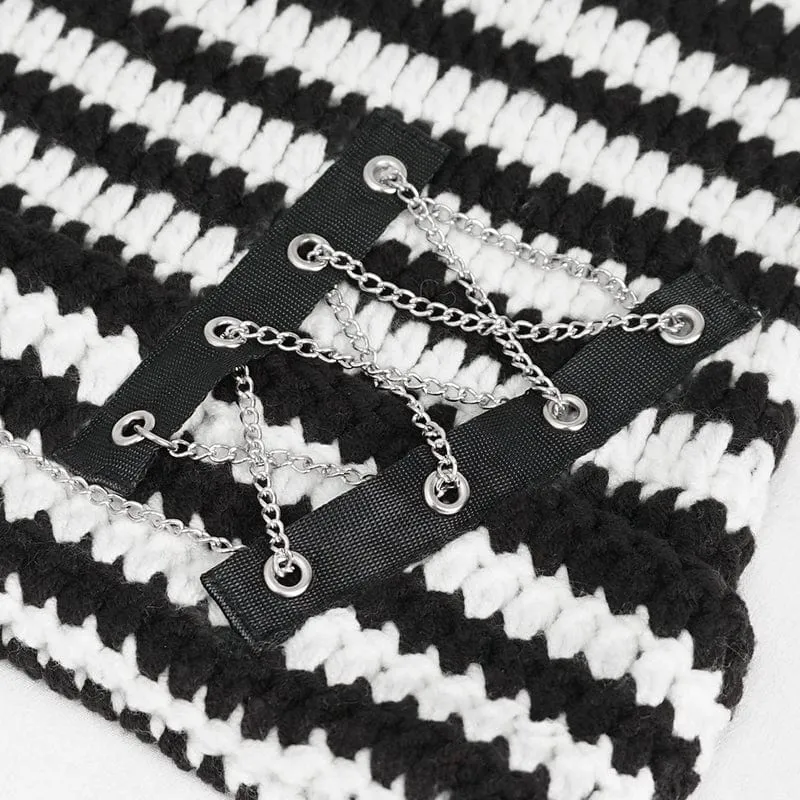 Women's Grunge Striped Pin Car Ears Beanie Black