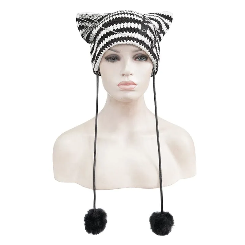 Women's Grunge Striped Pin Car Ears Beanie Black