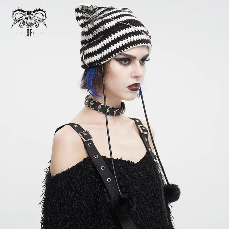 Women's Grunge Striped Pin Car Ears Beanie Black