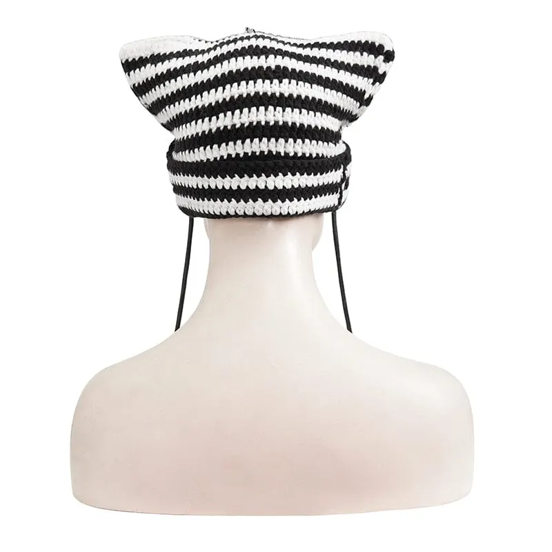 Women's Grunge Striped Pin Car Ears Beanie Black