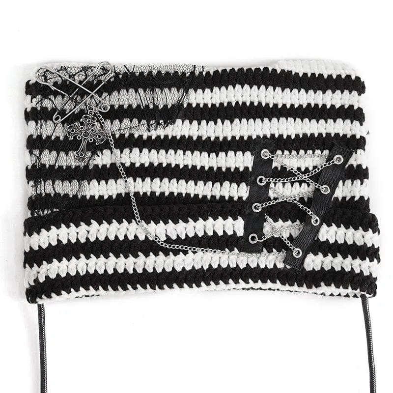 Women's Grunge Striped Pin Car Ears Beanie Black