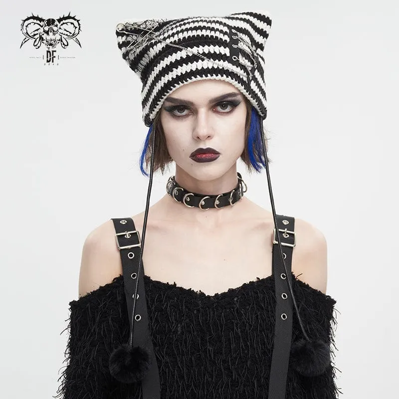 Women's Grunge Striped Pin Car Ears Beanie Black