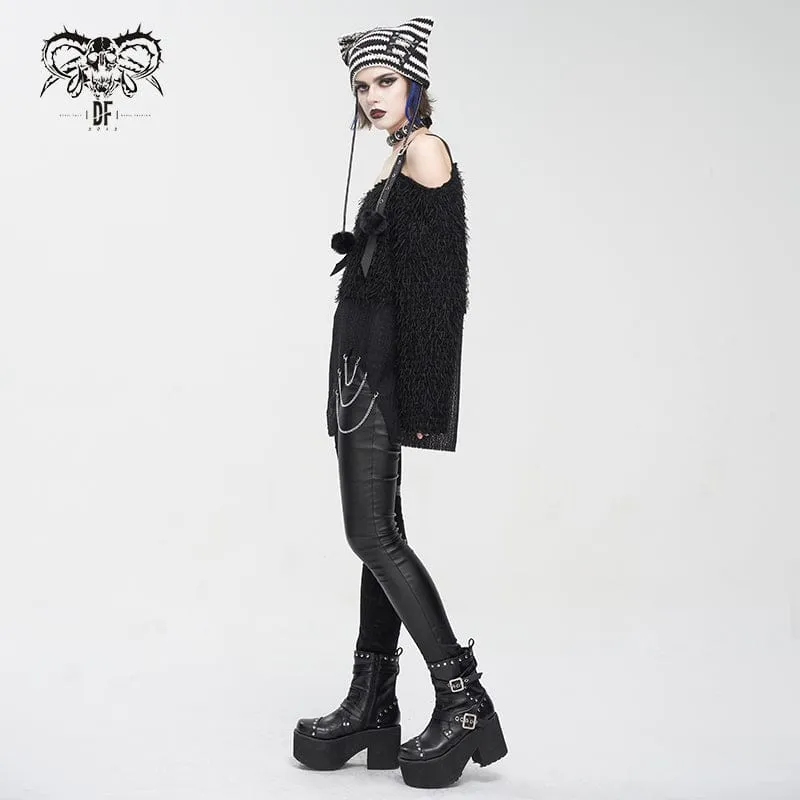 Women's Grunge Striped Pin Car Ears Beanie Black