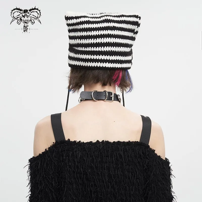 Women's Grunge Striped Pin Car Ears Beanie Black