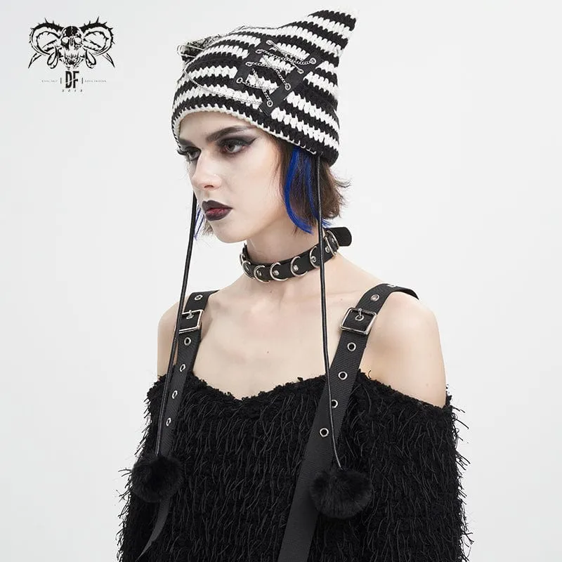 Women's Grunge Striped Pin Car Ears Beanie Black