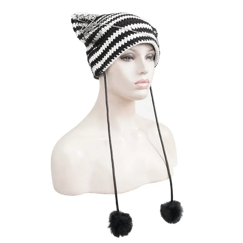 Women's Grunge Striped Pin Car Ears Beanie Black