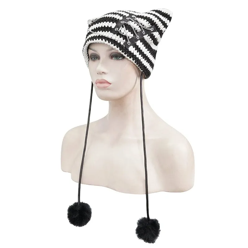 Women's Grunge Striped Pin Car Ears Beanie Black